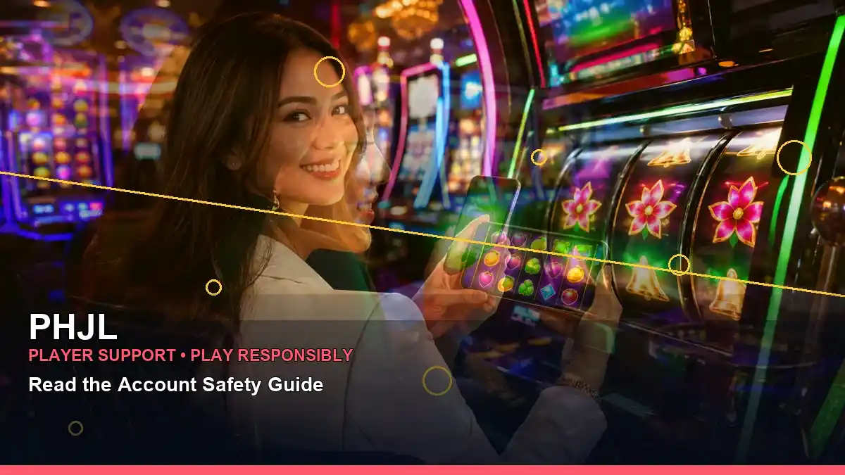 PHJL about-us information for Philippine users, featuring layered scenes of reels and online slot games