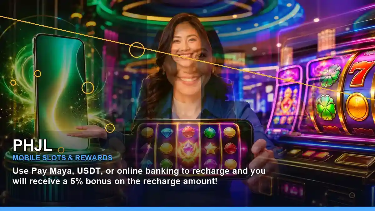 PHJL gold-themed jackpot slots presented with an adult Filipina casino host in a close-up layout